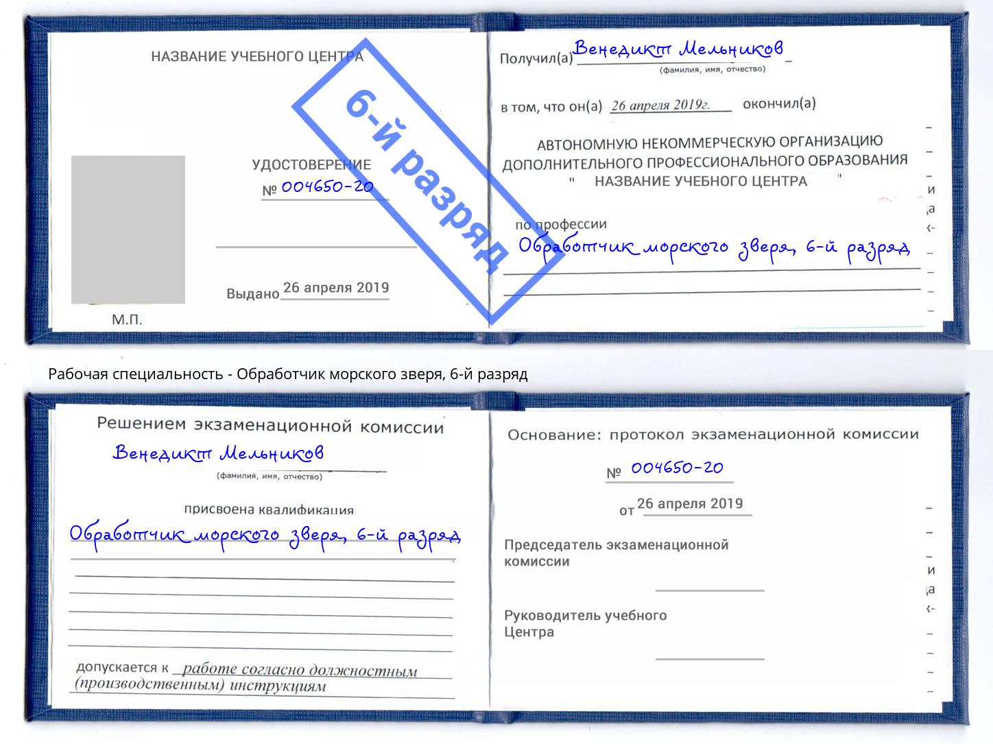 корочка 6-й разряд Обработчик морского зверя Каменка