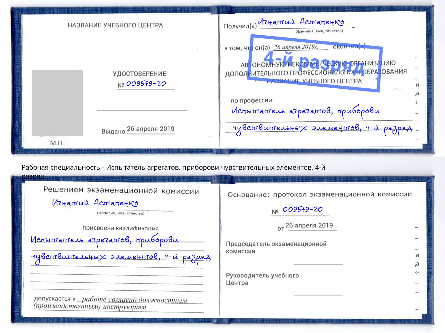 корочка 4-й разряд Испытатель агрегатов, приборови чувствительных элементов Каменка