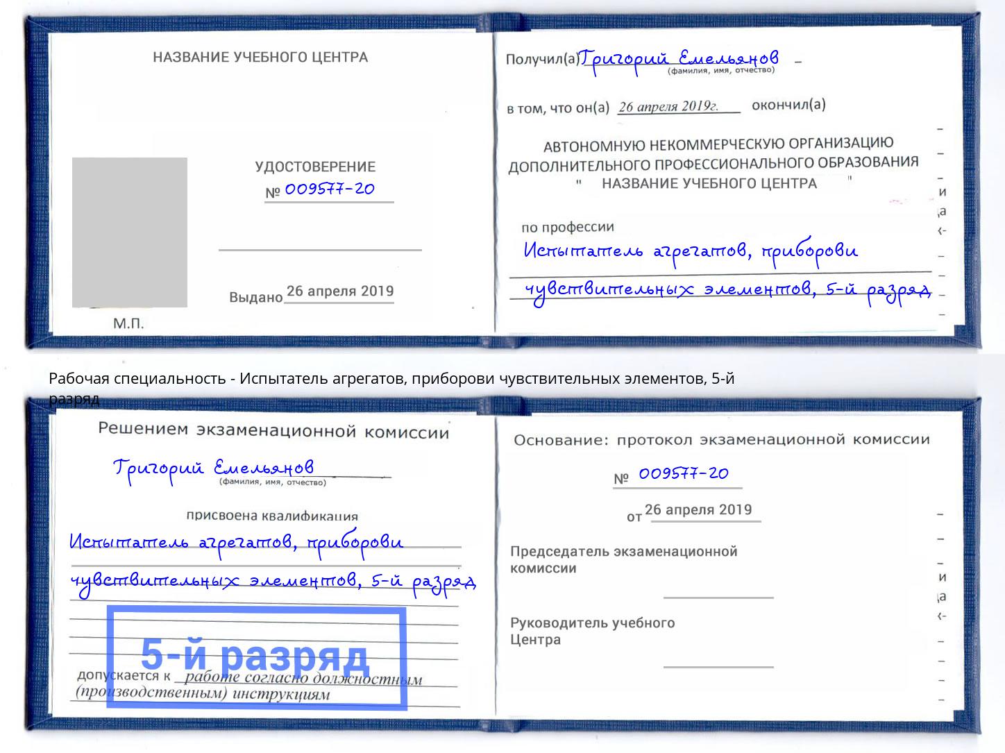 корочка 5-й разряд Испытатель агрегатов, приборови чувствительных элементов Каменка