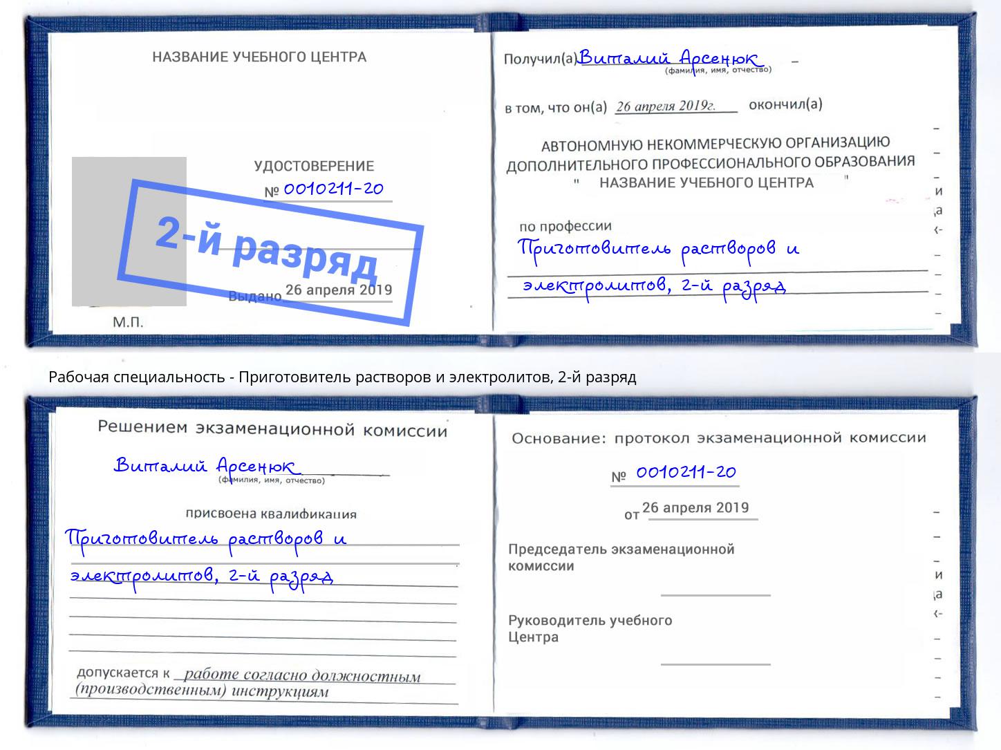 корочка 2-й разряд Приготовитель растворов и электролитов Каменка