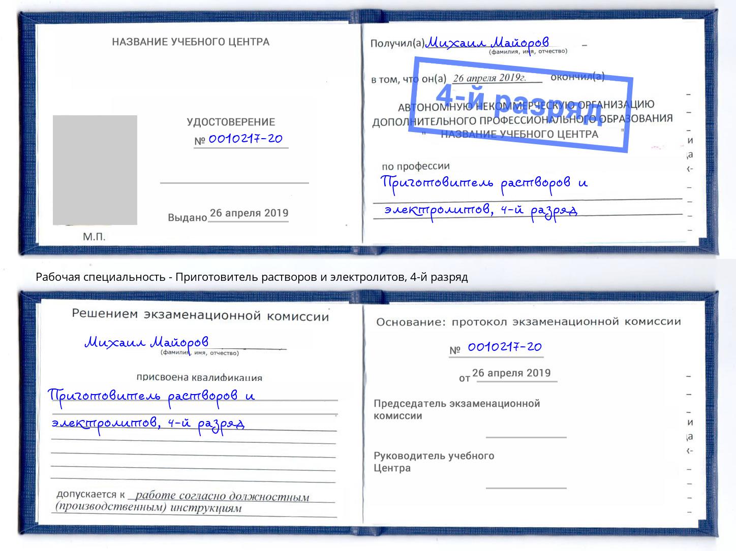 корочка 4-й разряд Приготовитель растворов и электролитов Каменка