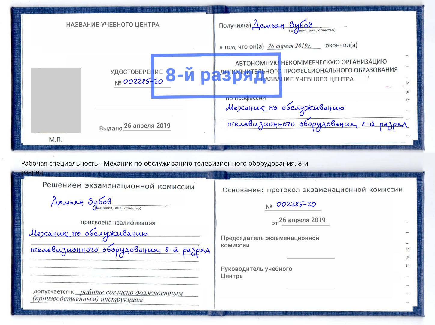 корочка 8-й разряд Механик по обслуживанию телевизионного оборудования Каменка