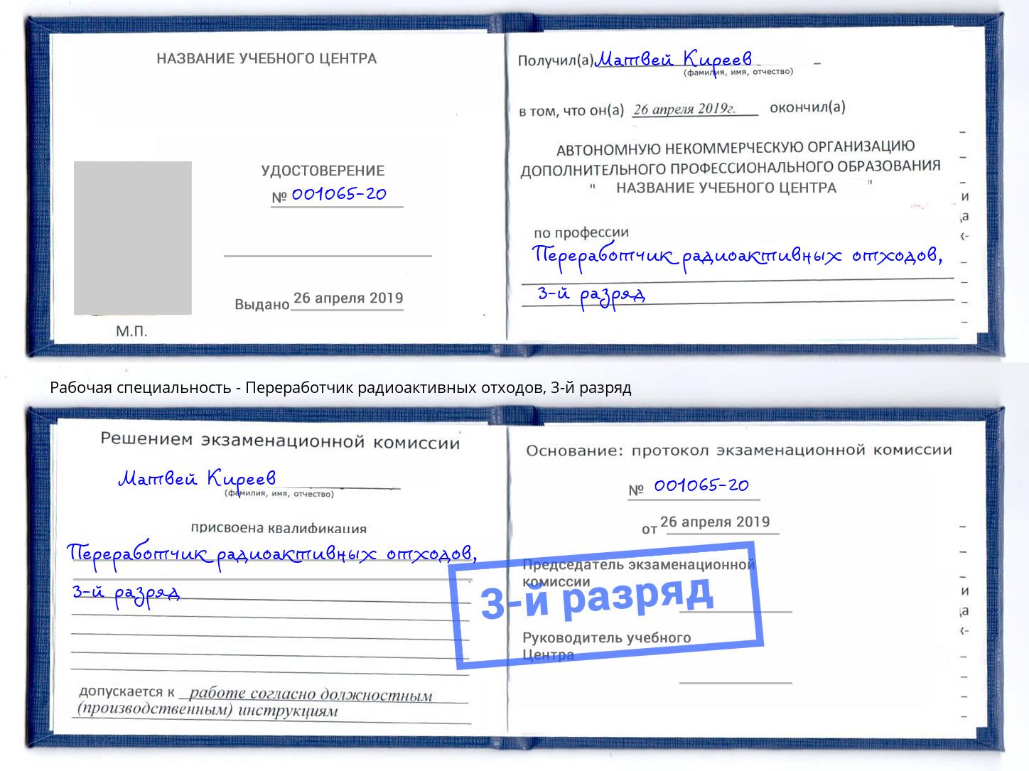 корочка 3-й разряд Переработчик радиоактивных отходов Каменка
