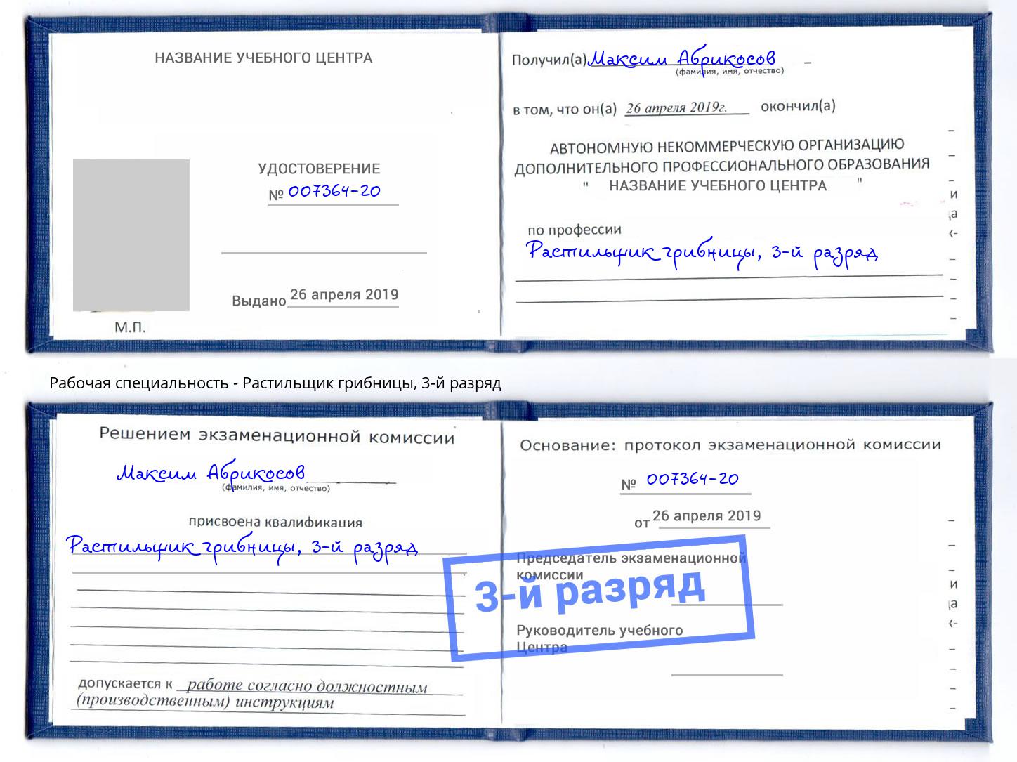 корочка 3-й разряд Растильщик грибницы Каменка